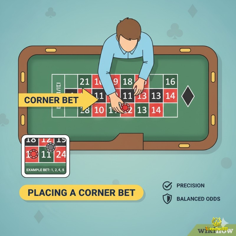 Người chơi đặt chip chính xác vào giao điểm bốn ô số trên bàn roulette để thực hiện cược góc, tăng cơ hội thắng với tỷ lệ trả thưởng hấp dẫn