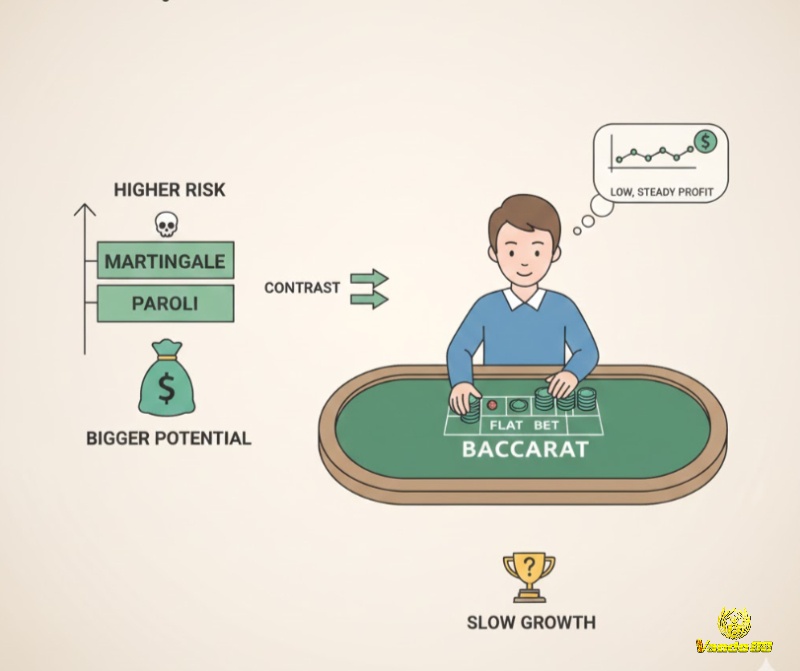 Người chơi baccarat cân nhắc hạn chế của flat betting là lợi nhuận thấp, không tối ưu chuỗi thắng và không phù hợp với người tìm kiếm lợi nhuận cao