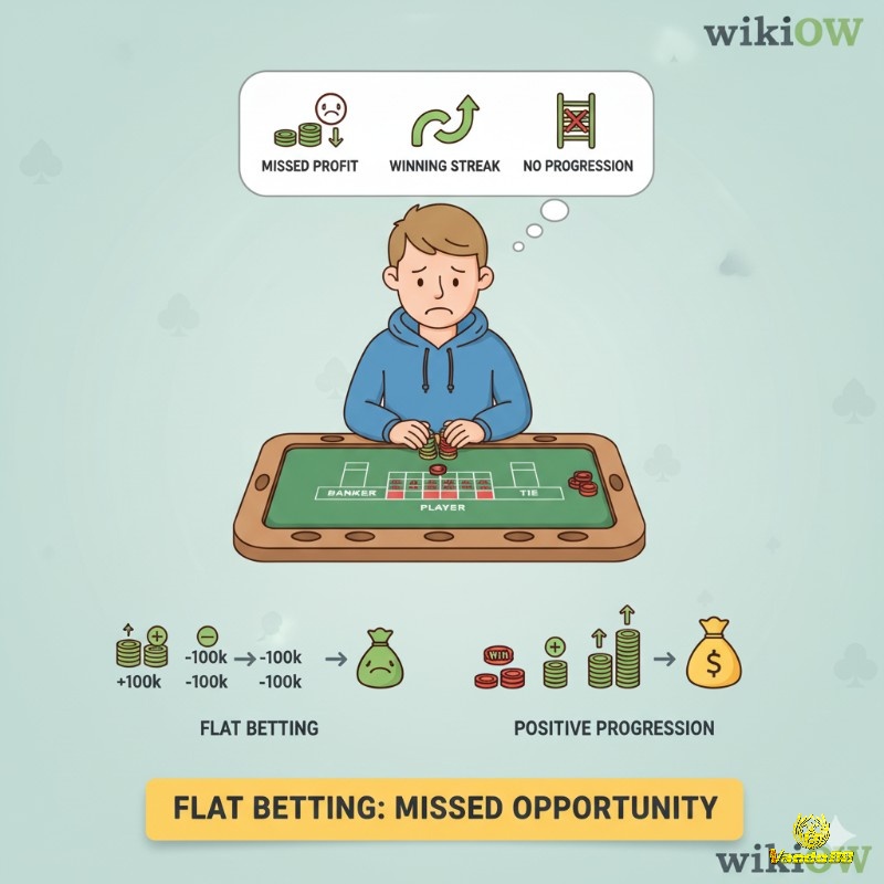 Người chơi baccarat áp dụng flat betting không thể tối ưu hóa lợi nhuận từ các chuỗi thắng, bỏ lỡ cơ hội kiếm tiền lớn khi may mắn