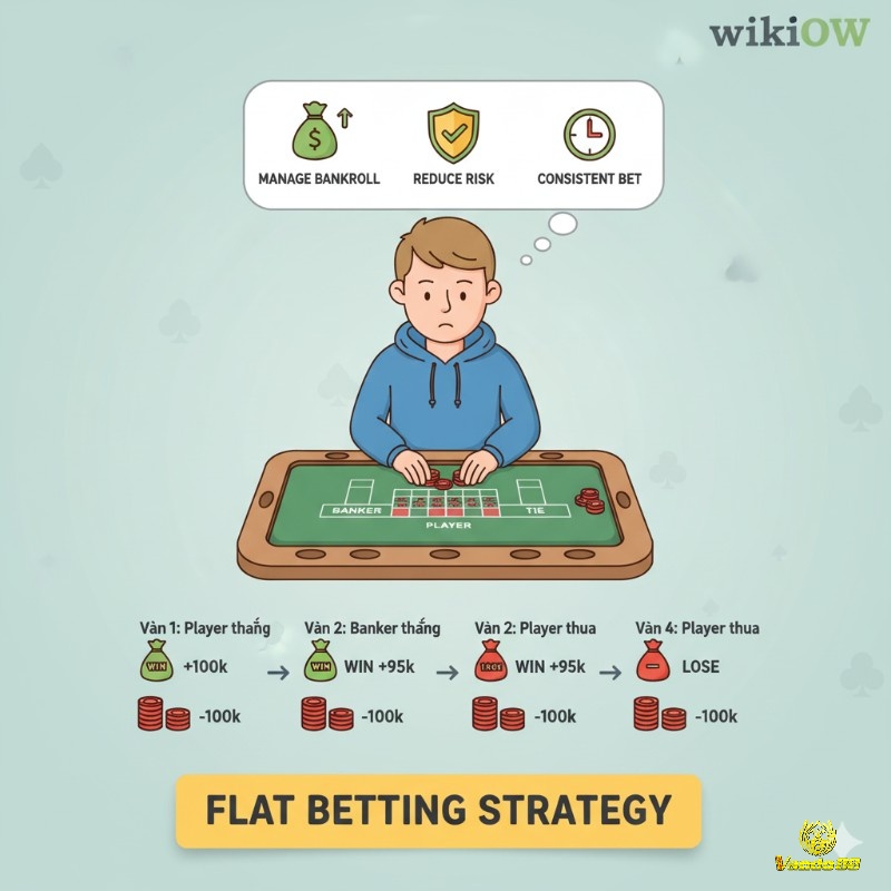 Người chơi baccarat áp dụng flat betting, đặt cược cố định 100.000 đồng mỗi ván để quản lý ngân sách và giảm rủi ro thua lỗ