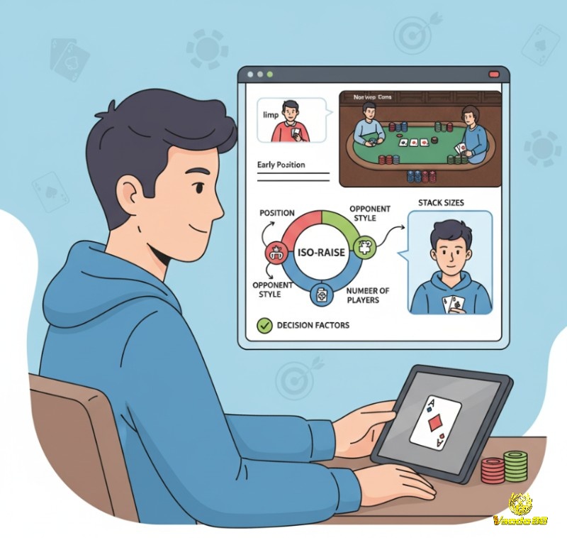 Người chơi poker cân nhắc vị trí, stack, phong cách đối thủ và số lượng người chơi trước khi iso-raise