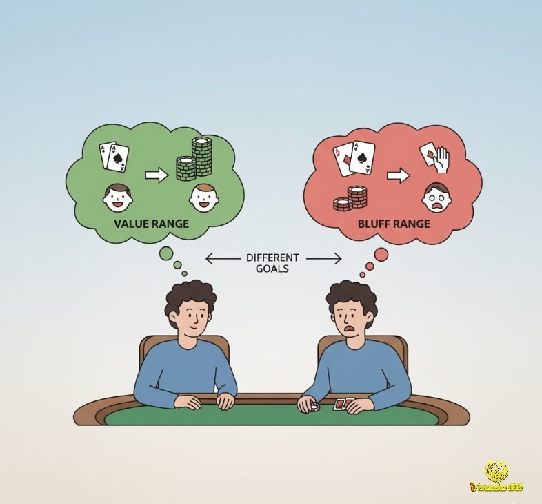 Người chơi poker so sánh mục tiêu tố bài giữa value range vs bluff range, một muốn đối thủ theo, một muốn đối thủ bỏ bài