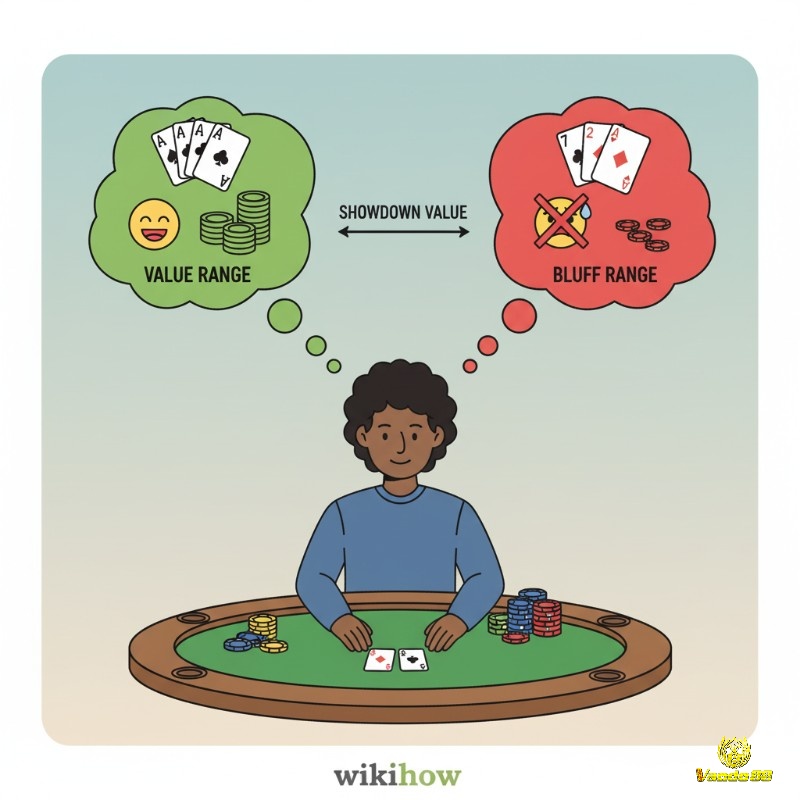 Người tham gia Poker đánh giá showdown value để tách biệt các hand thuộc value range vs bluff range
