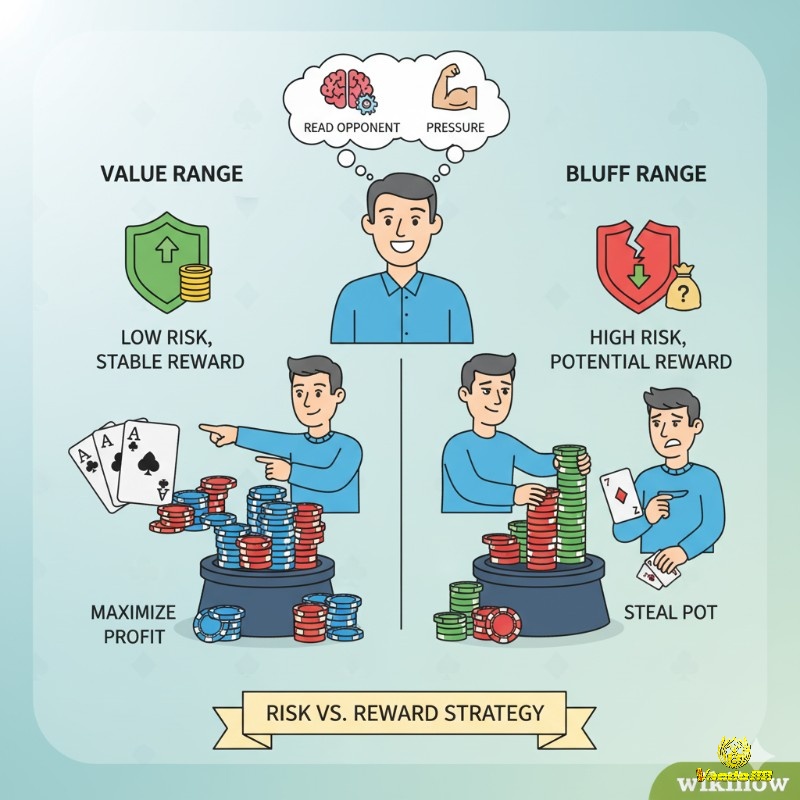 Người chơi poker cân nhắc rủi ro và phần thưởng khi chọn "value range" để thắng ổn định, hoặc "bluff range" để giành pot lớn nhưng rủi ro cao