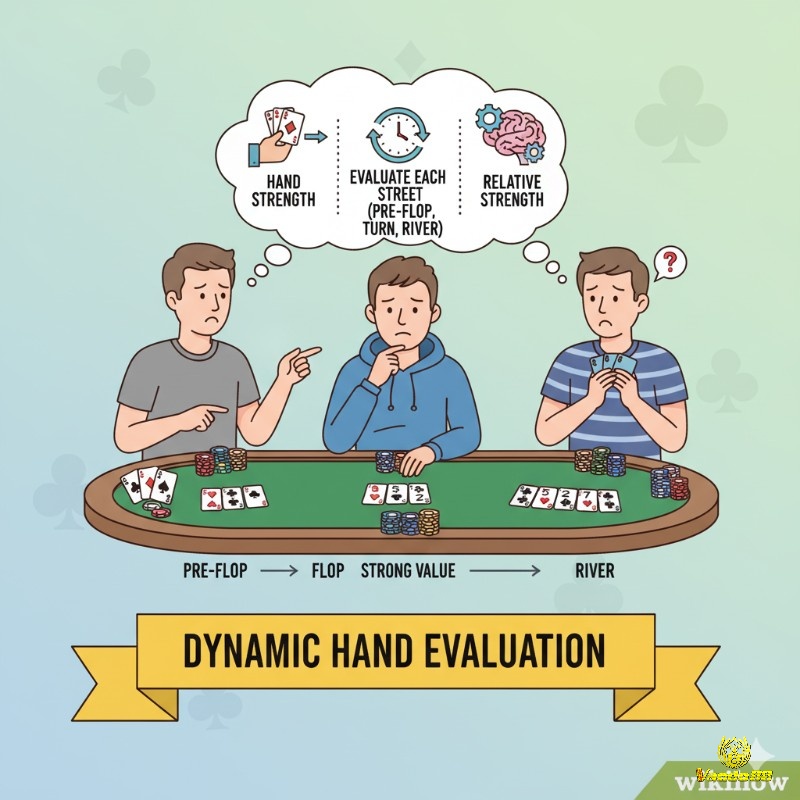 Người chơi poker liên tục đánh giá lại sức mạnh bài dựa trên các vòng cược và bài chung để xây dựng value range hiệu quả