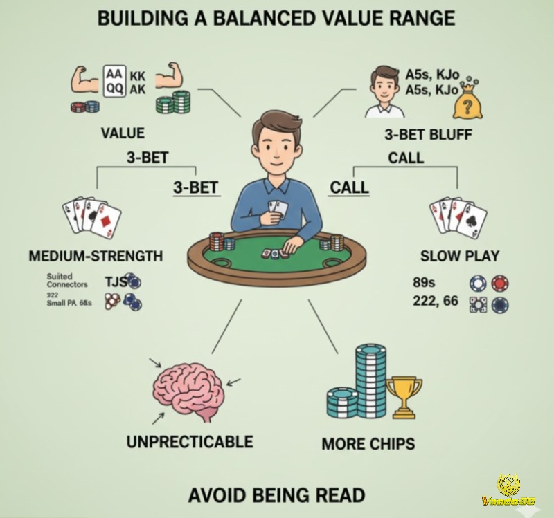 Người chơi poker cân bằng value range, tố bài đa dạng để tránh bị đọc vị và tối đa hóa chip