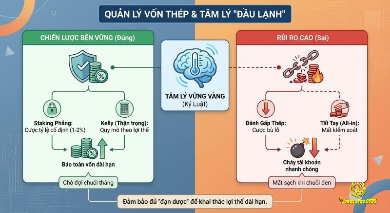 Bảng so sánh chiến lược quản lý vốn bền vững (Staking Phẳng, Kelly) và rủi ro cao (gấp thếp, tất tay) để bảo toàn vốn dài hạn