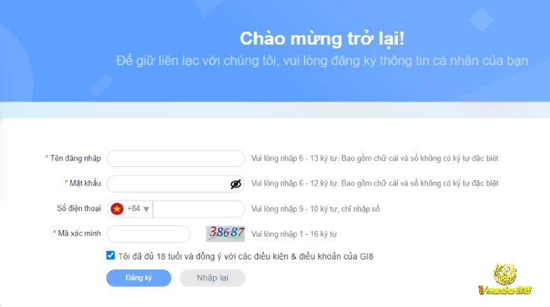 Người dùng điền thông tin tài khoản (tên đăng nhập, mật khẩu) và thông tin cá nhân (số điện thoại, OTP) để hoàn tất đăng ký Gi8