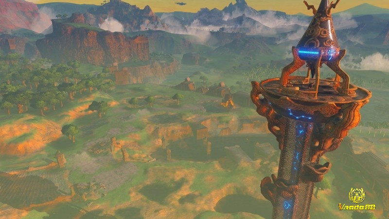 Link đứng trên tháp Sheikah quan sát các điểm mốc xa trên bản đồ Hyrule