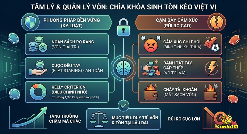 Sơ đồ quản lý vốn & tâm lý kèo việt vị: Kỷ luật (flat staking) giúp duy trì vốn, tránh cảm xúc dẫn đến phá sản.