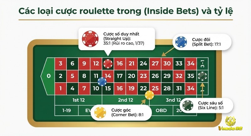 Bảng minh họa chi tiết các kiểu cược roulette trong (Inside Bets), chỉ rõ cách đặt chip và tỷ lệ trả thưởng từ 5:1 đến 35:1