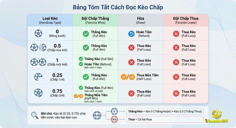 Bảng hướng dẫn chi tiết cách đọc kèo chấp đồng banh, nửa trái và kèo lẻ 0.25, 0.75, giúp người chơi hiểu rõ thắng đủ, thua nửa tiền hay hoàn tiền