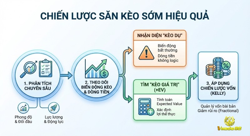 Chiến lược 3 bước săn kèo sớm hiệu quả: phân tích chuyên sâu, theo dõi biến động nhận diện kèo dụ và áp dụng Kelly để quản lý vốn