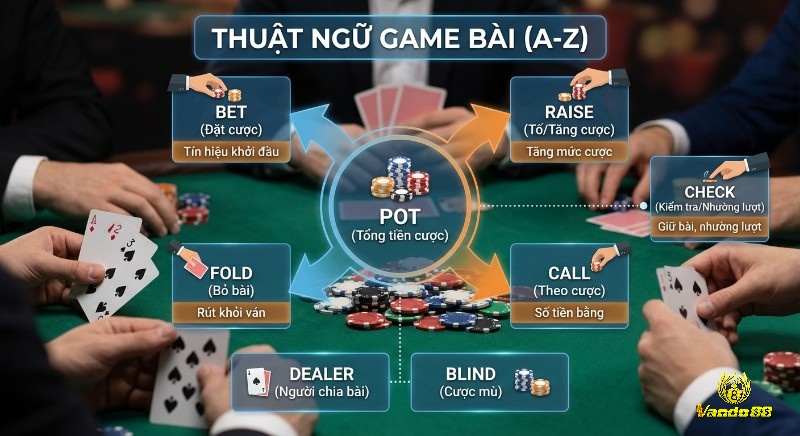 Sơ đồ tổng hợp các thuật ngữ trong game bài như Bet, Call, Fold, Raise, Check và Pot giúp người mới hiểu rõ các thao tác cược cùng nguyên tắc vận hành cơ bản của ván chơi