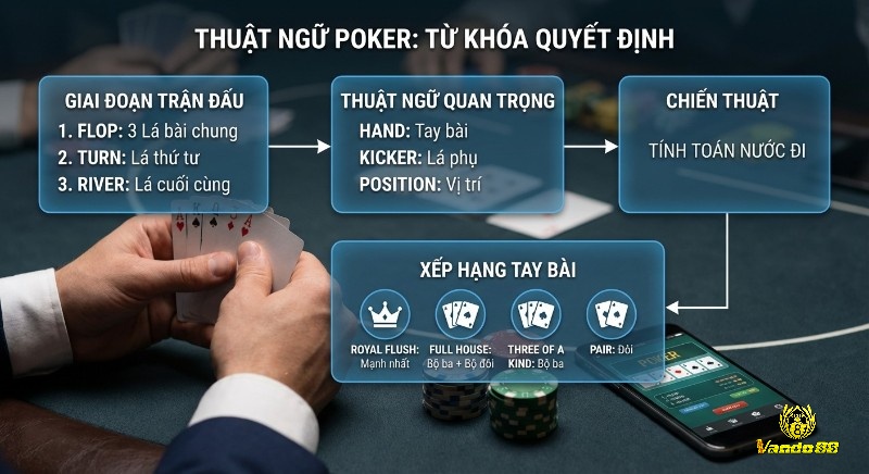 Sơ đồ hệ thống các thuật ngữ cốt lõi trong Poker như từng giai đoạn ván bài, khái niệm Hand, Kicker và bảng xếp hạng tay bài, hỗ trợ người chơi định hình chiến lược một cách bài bản