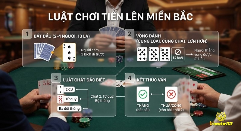 Quy trình 4 bước hướng dẫn luật chơi Tiến lên miền Bắc: bắt đầu, vòng đánh, luật chặt đặc biệt và kết thúc ván