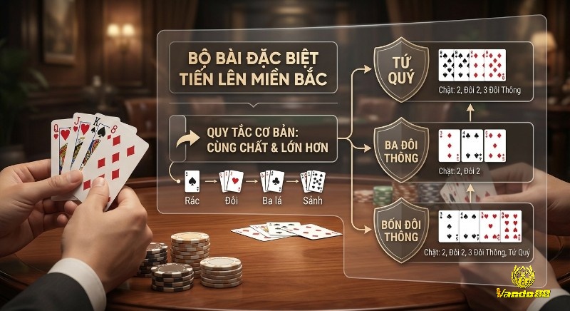 Tổng hợp các quy tắc cơ bản và bộ bài đặc biệt Tiến lên miền Bắc, hướng dẫn cách chặt bài bằng tứ quý, ba và bốn đôi thông