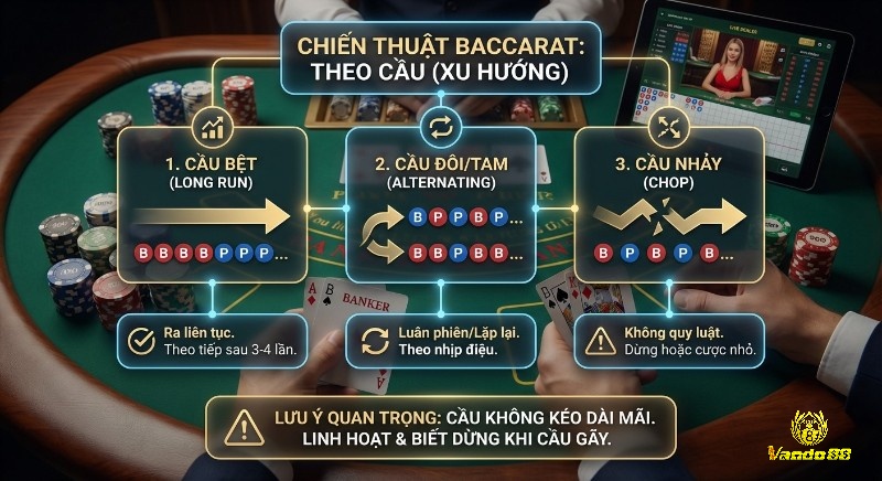 Tổng quan các chiến thuật theo cầu Baccarat: Hướng dẫn nhận biết Cầu Bệt, Cầu Đôi/Tam, Cầu Nhảy và lưu ý linh hoạt khi cầu gãy