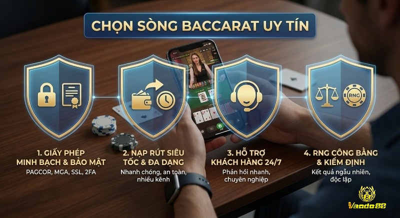 CHỌN SÒNG BACCARAT UY TÍN: 4 tiêu chí vàng giấy phép, bảo mật, nạp rút, hỗ trợ 24/7, RNG minh bạch