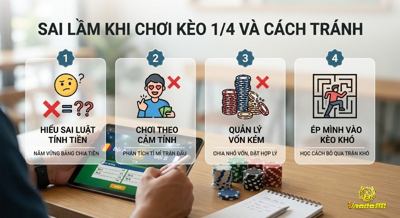 Checklist 4 sai lầm cần tránh khi chơi kèo một phần tư bóng đá, bao gồm hiểu luật, phân tích tỉ mỉ, quản lý vốn hiệu quả và biết bỏ qua kèo khó