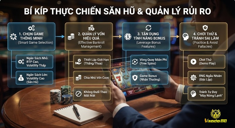 Bí kíp thực chiến săn hũ và giảm rủi ro theo quy trình 4 bước: chọn game, quản lý vốn, tận dụng bonus, chơi thử