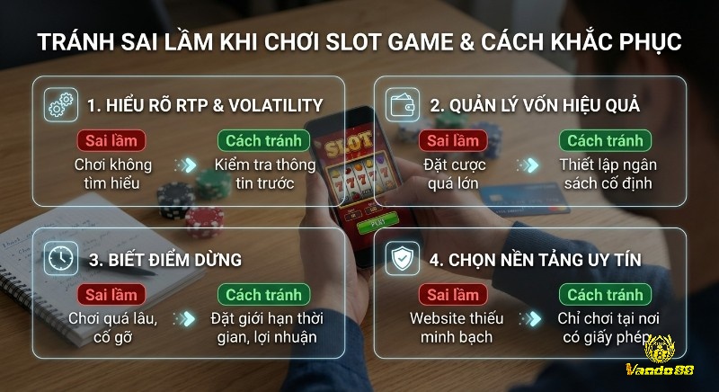 Tổng quan 4 nguyên tắc tránh sai lầm khi chơi slot game: hiểu RTP, quản lý vốn, biết điểm dừng, chọn nền tảng uy tín