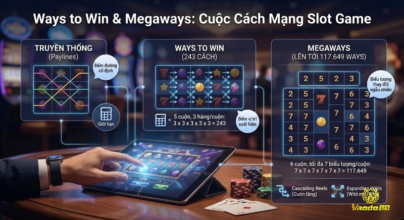 Sơ đồ so sánh Paylines, Ways to Win và Megaways, minh họa công thức tính cùng đặc điểm cách mạng của slot game