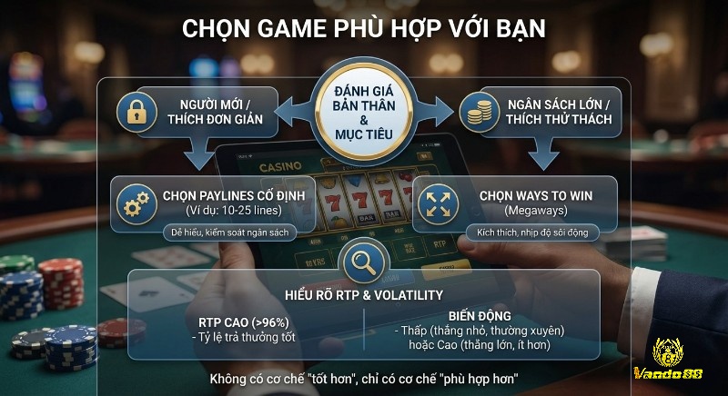 Quy trình chọn game slot phù hợp dựa trên đánh giá cá nhân, mục tiêu, so sánh paylines và ways và hiểu RTP, Volatility