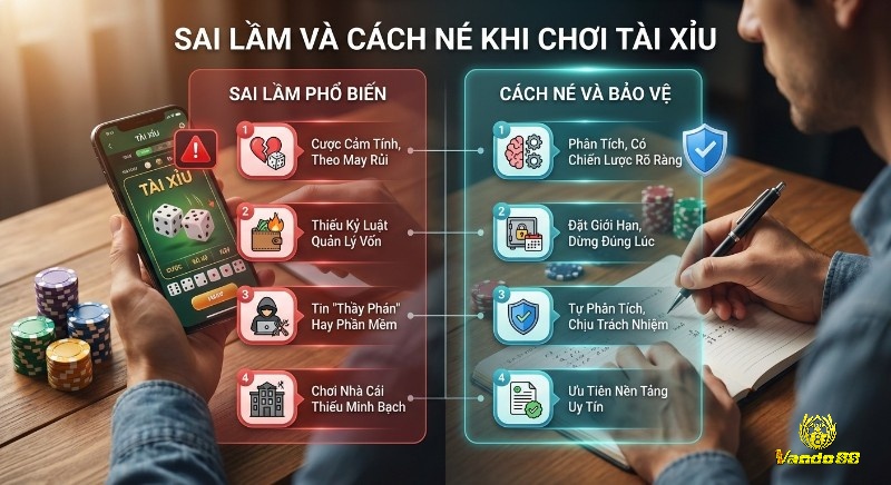 Tổng hợp sai lầm cần tránh và các giải pháp phòng ngừa khi chơi Tài Xỉu, tập trung quản lý vốn, phân tích chiến lược