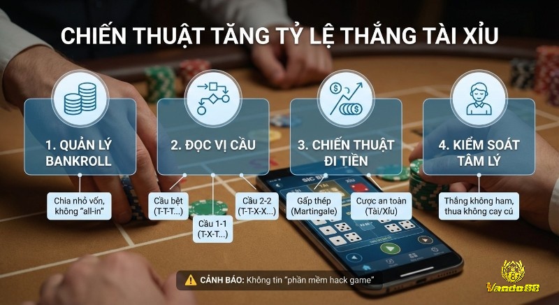 Quy trình 4 chiến thuật giúp tăng tỷ lệ thắng Tài Xỉu: quản lý vốn, đọc vị cầu, áp dụng đi tiền thông minh và kiểm soát tâm lý