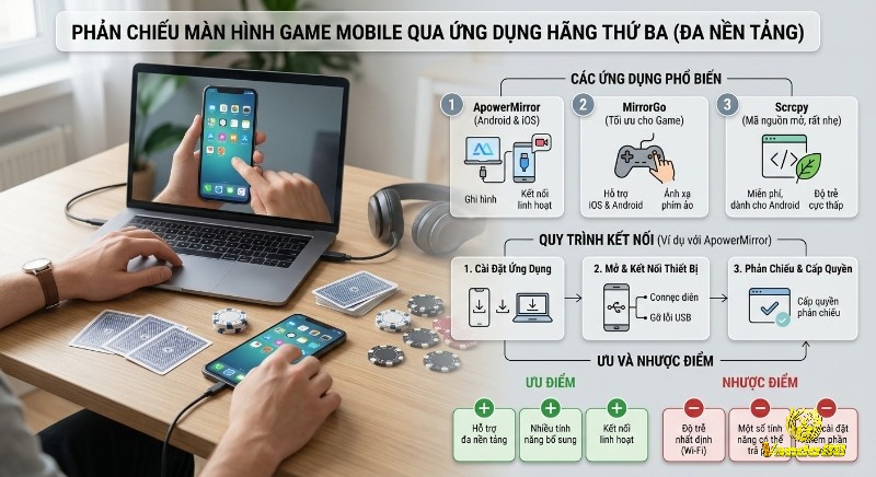 Tổng hợp phản chiếu màn hình game mobile qua ứng dụng hãng thứ ba (đa nền tảng): 3 app phổ biến, quy trình kết nối chi tiết và ưu nhược điểm