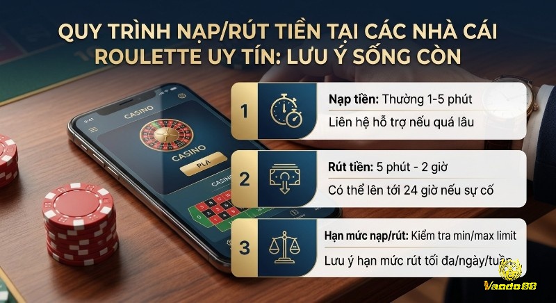 Quy trình 3 bước nạp/rút tiền tại nhà cái cược Roulette uy tín, tóm tắt thời gian xử lý và hạn mức giao dịch cần lưu ý