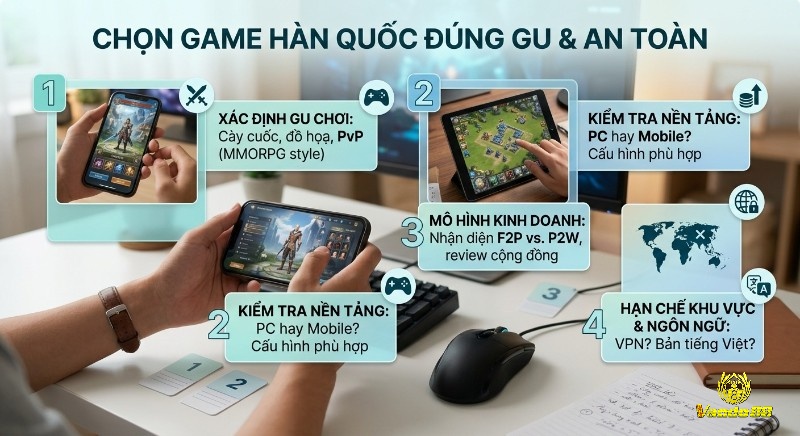 Checklist 4 tiêu chí chọn game Hàn Quốc đúng gu và an toàn: gu chơi, nền tảng, mô hình F2P/P2W, hạn chế khu vực/ngôn ngữ