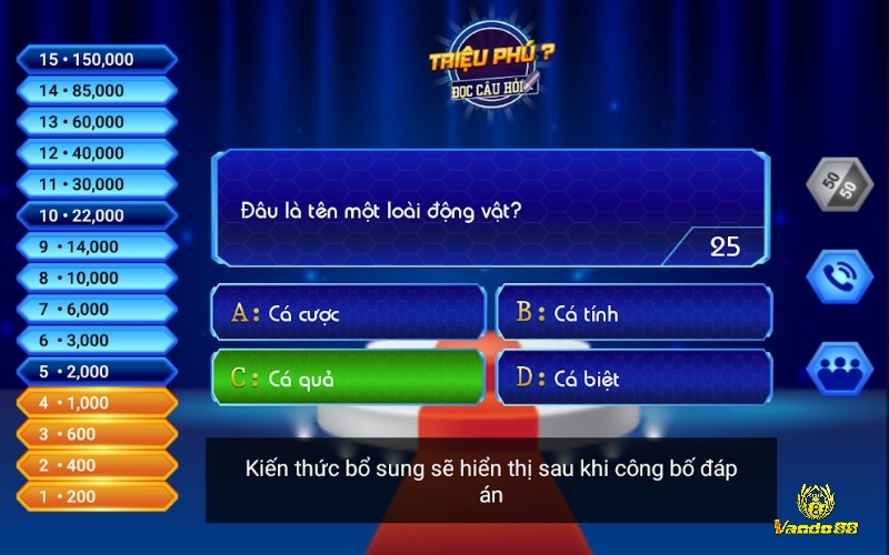 Giao diện Ai Là Triệu Phú với hệ thống câu hỏi và các mốc điểm thưởng quen thuộc