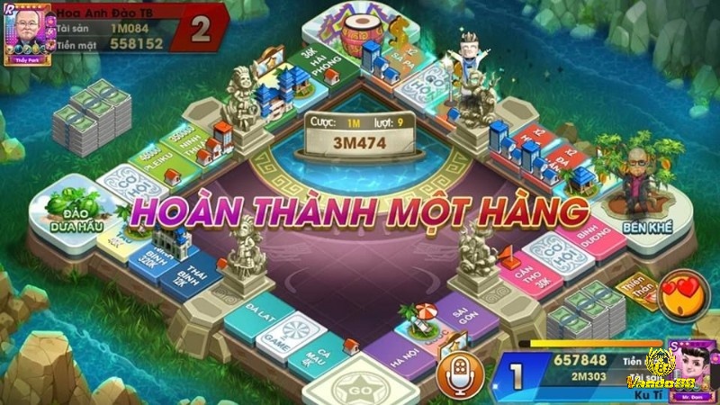 Bàn cờ Cờ Tỷ Phú với các ô bất động sản và nhân vật di chuyển theo lượt