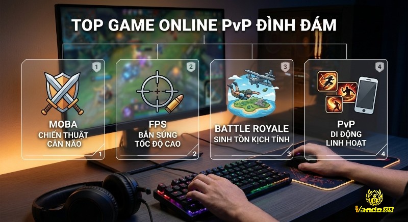 Tổng quan 4 thể loại game online PvP hay nhất nổi bật gồm MOBA cân não, FPS tốc độ, Battle Royale kịch tính và PvP di động linh hoạt