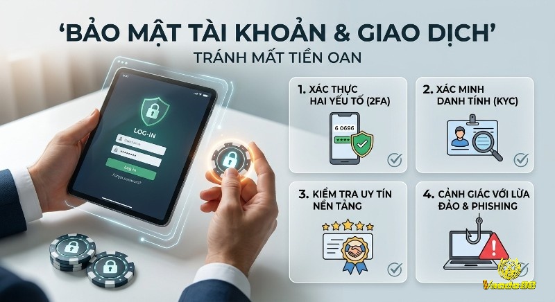 Quy trình 4 bước bảo mật tài khoản giao dịch, giúp người dùng tránh mất tiền oan, gồm 2FA, KYC, uy tín nền tảng, chống lừa đảo