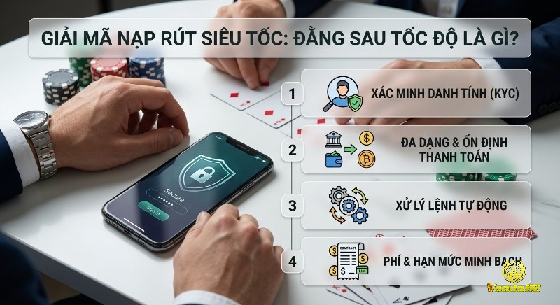 Checklist 4 yếu tố then chốt đằng sau tốc độ nạp rút siêu tốc: KYC, thanh toán đa dạng, xử lý tự động, phí minh bạch