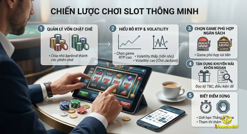 Chiến lược 5 bước chơi slot thông minh, quản lý vốn chặt chẽ, hiểu RTP, chọn game, tận dụng khuyến mãi, và biết điểm dừng