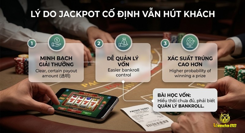 3 lý do jackpot cố định thu hút người chơi: minh bạch giải thưởng, dễ quản lý vốn, xác suất trúng cao, kèm bài học quản lý bankroll.