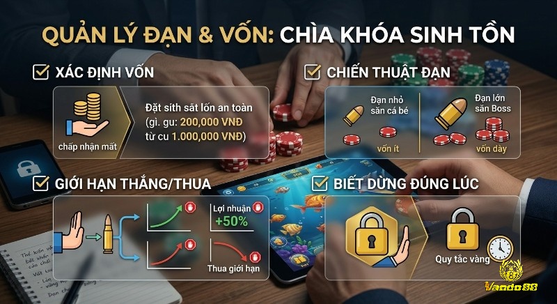 Tổng quan chiến lược quản lý đạn và vốn giúp game thủ xác định vốn, áp dụng chiến thuật đạn và giới hạn thắng thua để sinh tồn bền vững