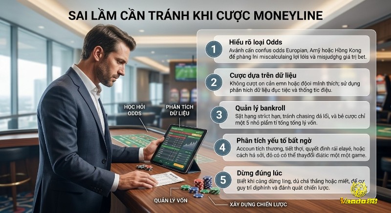 Checklist các sai lầm cần tránh khi cược Moneyline gồm 5 điểm chính: Hiểu odds, cược dựa dữ liệu, quản lý vốn và dừng đúng lúc