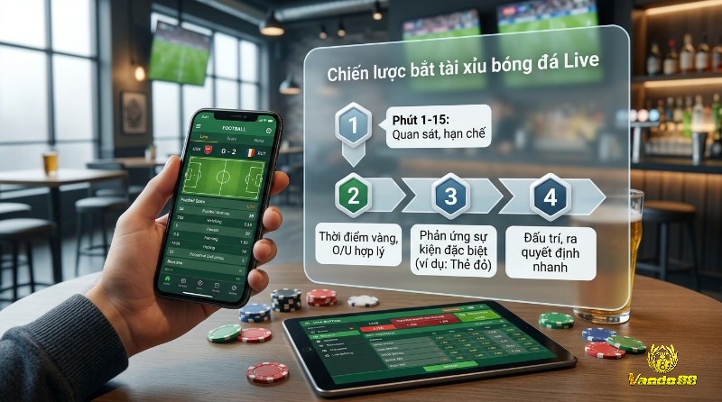 Chiến lược bắt tài xỉu bóng đá Live: quan sát, thời điểm vàng O/U, phản ứng sự kiện, ra quyết định nhanh. Điện thoại và tablet hiển thị kèo live