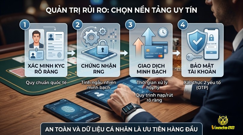 Quản trị rủi ro: 4 bước chọn nền tảng uy tín gồm xác minh KYC, chứng nhận RNG, giao dịch minh bạch, bảo mật tài khoản OTP