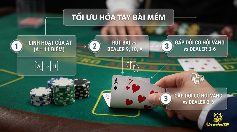 Tối ưu hóa tay bài mềm chiến thuật Blackjack với Át linh hoạt (A=11 điểm), rút bài khi Dealer 9, 10, Át, gấp đôi khi Dealer 3-6, tay A7