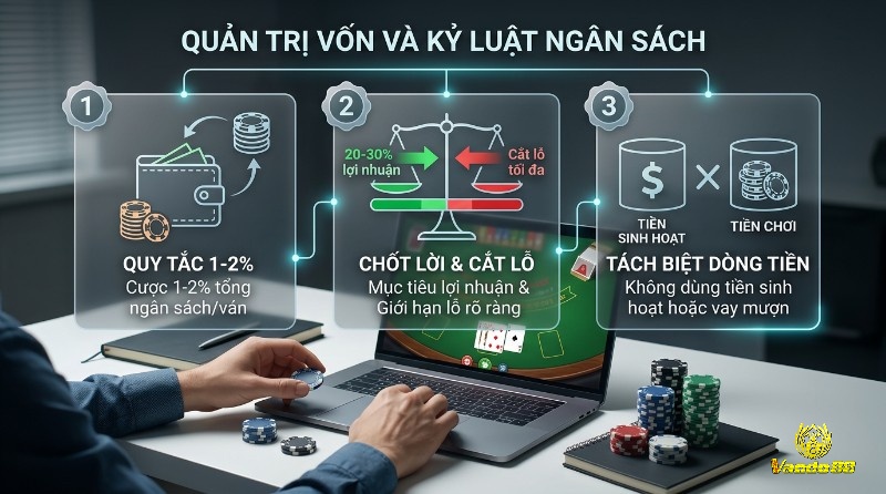 Quản trị vốn và kỷ luật ngân sách với quy tắc 1-2% cược, chốt lời 20-30%, cắt lỗ và tách biệt tiền sinh hoạt khỏi tiền chơi trên laptop