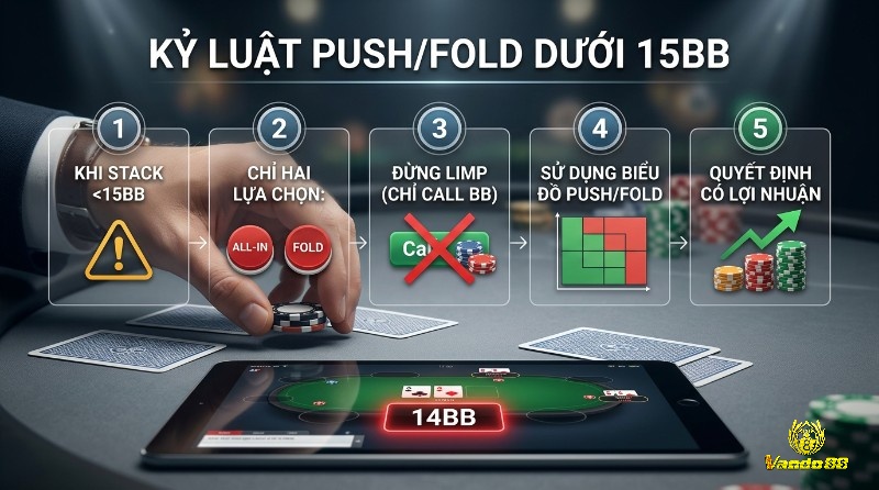 Kỷ luật Push/Fold dưới 15BB,: 5 bước chiến thuật Poker tournament, khi stack thấp, bao gồm All-in/Fold, tránh limp, dùng biểu đồ, để ra quyết định lợi nhuận