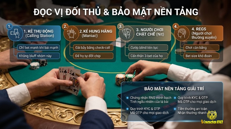 Đọc vị đối thủ và bảo mật nền tảng qua phân loại người chơi poker (thụ động, hung hăng, chặt chẽ, regs) và các tiêu chí bảo mật (RNG, KYC, OTP) trên bàn đấu
