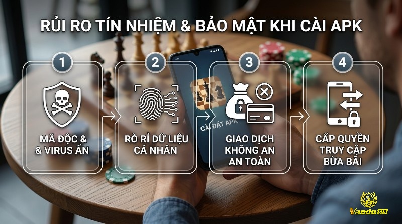 Rủi ro tín nhiệm và bảo mật khi cài đặt APK: mã độc, rò rỉ dữ liệu cá nhân, giao dịch không an toàn, cấp quyền truy cập bừa bãi
