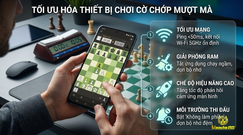 Tối ưu hóa thiết bị chơi cờ chớp mượt mà với 4 bước: tối ưu mạng (ping <50ms, Wi-Fi 5GHz), giải phóng RAM, chế độ hiệu năng cao, môi trường thi đấu